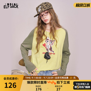 慵懒风空调罩衫 妖精 新款 t恤女2025年夏季 口袋插肩卡通印花长袖