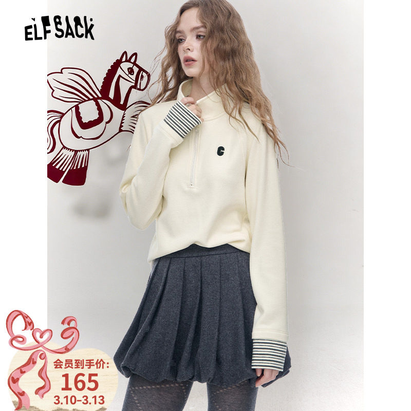 妖精的口袋Polo领袖口条纹撞色长袖t恤女2026春新款宽松休闲上衣