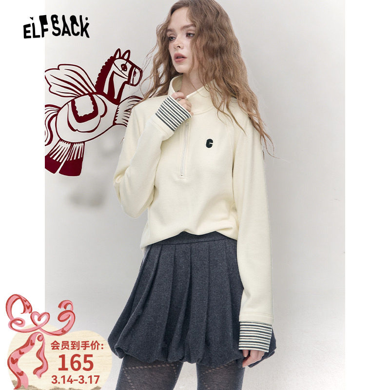 妖精的口袋Polo领袖口条纹撞色长袖t恤女2026春新款宽松休闲上衣 - 妖精的口袋旗舰店