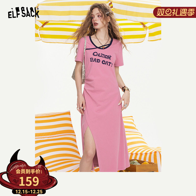 妖精的口袋字母印花收腰抽褶连衣裙女2025夏季新款开叉休闲t恤裙