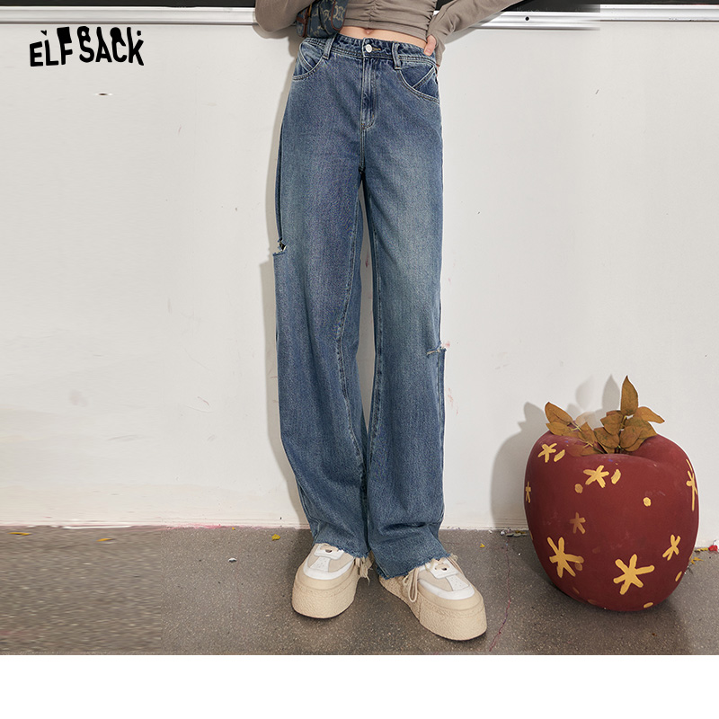妖精的口袋高腰破洞牛仔裤女2023秋季新款美式复古直筒设计感裤子
