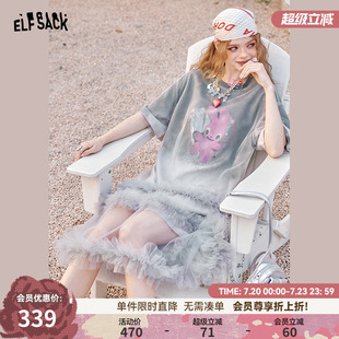 新款 裙子 口袋兔子印花灰色漸變網紗拼接連衣裙女2025年夏季 妖精