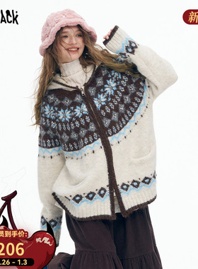 妖精的口袋费尔岛提花连帽新年毛衣女2025冬季新款慵懒风加厚外套