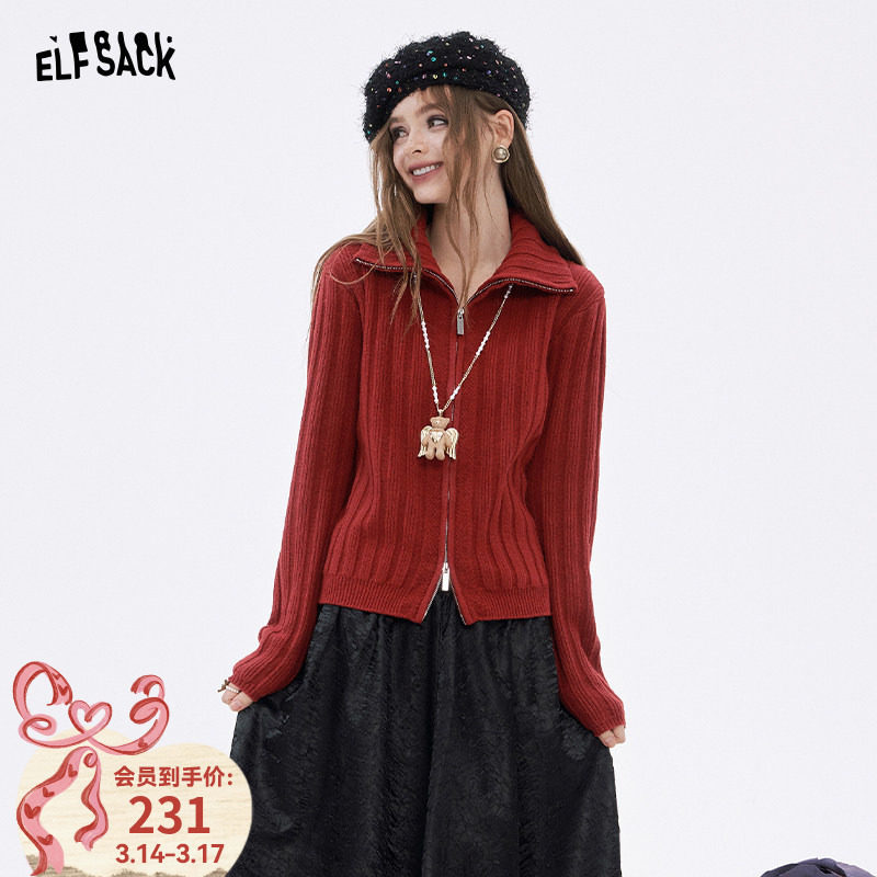 妖精的口袋高领拉链加厚红色毛衣女2026年春季新款高级感开衫外套