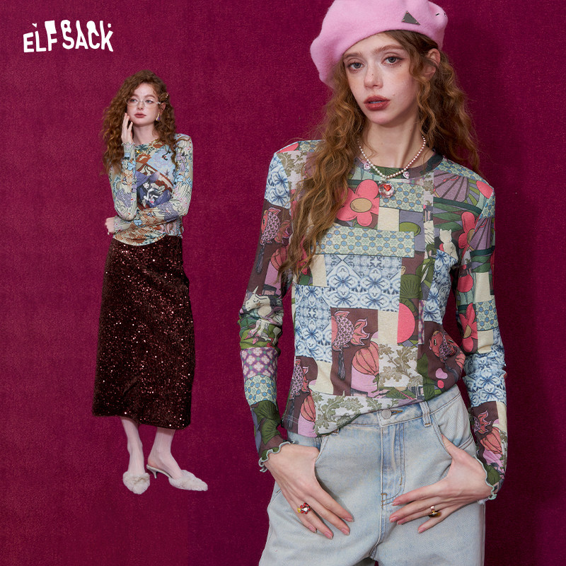 妖精的口袋满印长袖t恤女2026春新款设计感叠穿内搭打底衫皮肤衣
