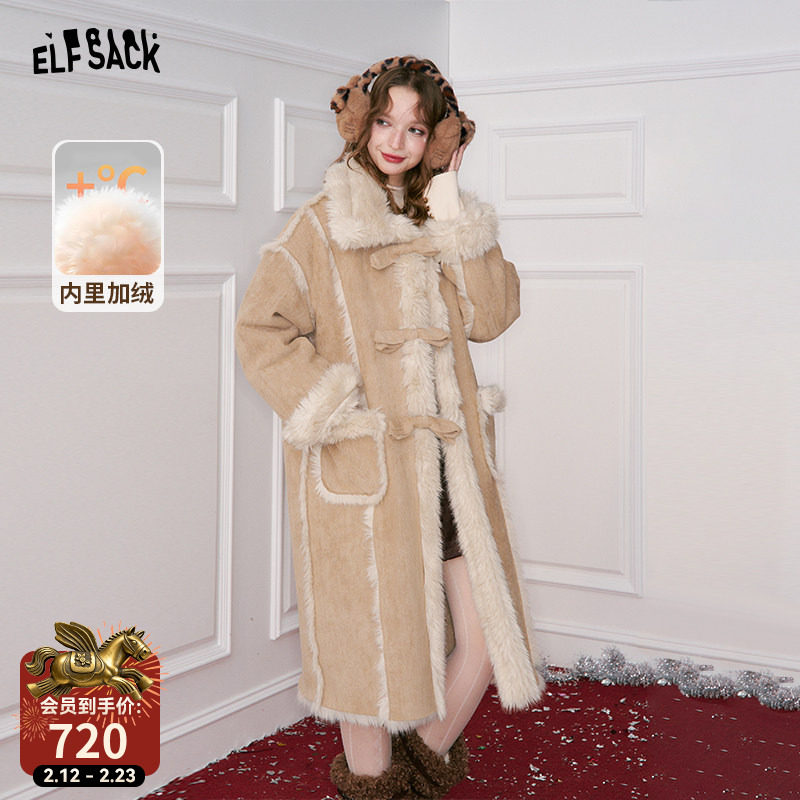 妖精的口袋复古加绒中长款毛呢外套女2025冬新款圣诞穿搭加厚大衣