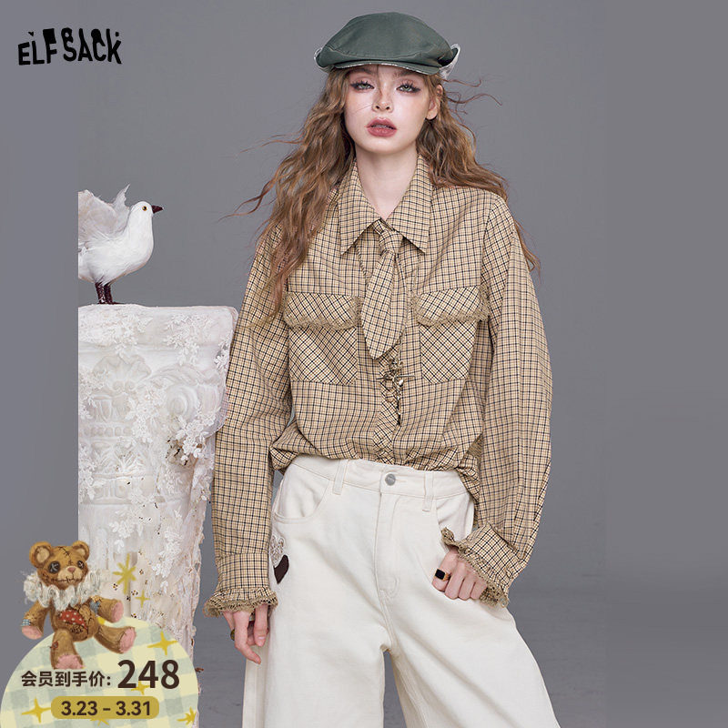 【送领带】妖精的口袋蕾丝边拼接格纹衬衫女2026春新款miu系上
