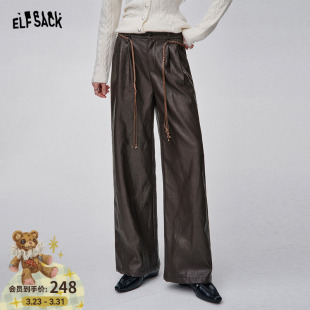酷飒风宽松休闲裤 女2026春秋新款 子 口袋复古咖色pu皮阔腿裤 妖精