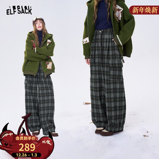 口袋复古格子工装 宽松休闲直筒裤 风阔腿裤 新款 子 女2025冬季 妖精