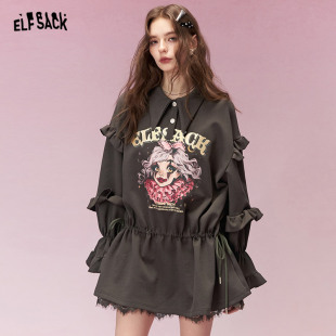 妖精 甜美卫衣裙短裙 口袋原创印花蕾丝拼接连衣裙女2026早春新款