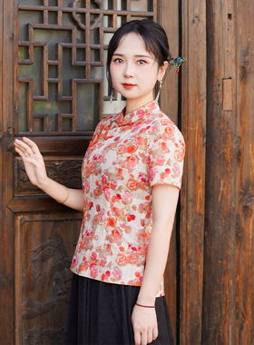 筠雅夏季新款国风改良上衣民国复古收腰显瘦新中式短袖上衣25J276
