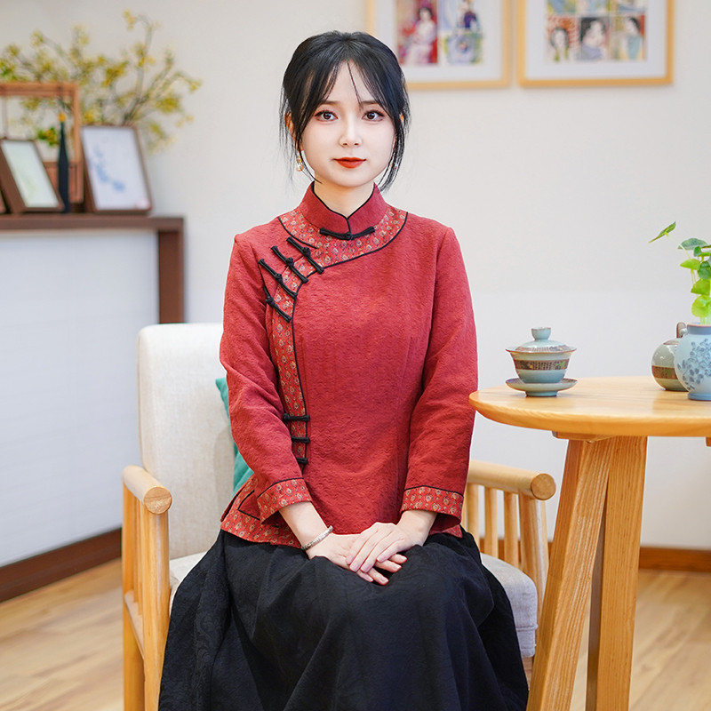 筠雅春季新款唐装中国风女装年轻款收腰显瘦新中式红色上衣25J056