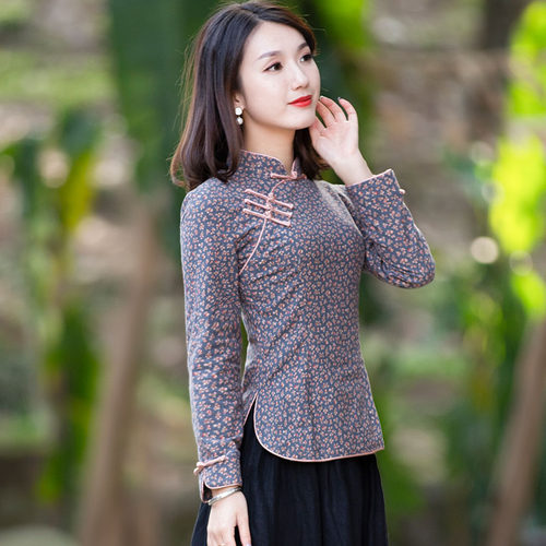 旗袍式上衣棉麻女装复古