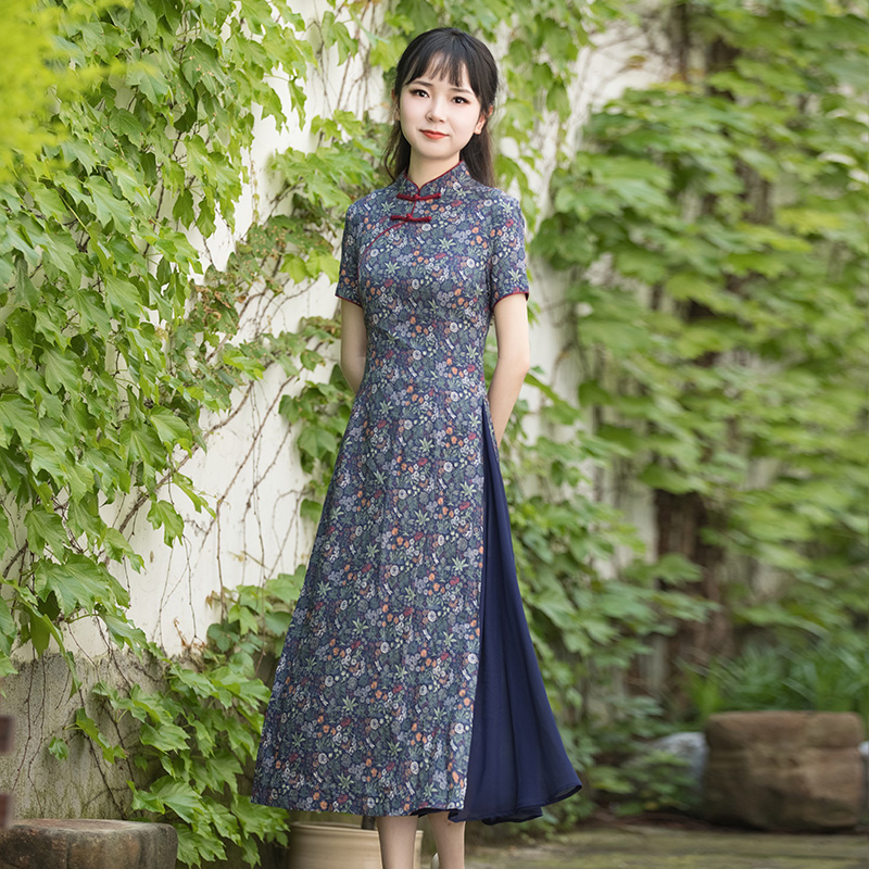 筠雅棉麻连衣裙女夏改良旗袍裙子收腰显瘦复古休闲日常碎花长裙