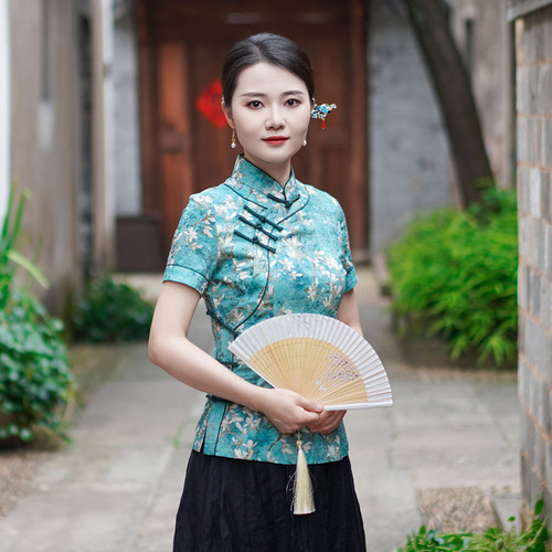 筠雅夏季新款中国风古典唐装上衣女修身显瘦夏日新中式穿搭24J226