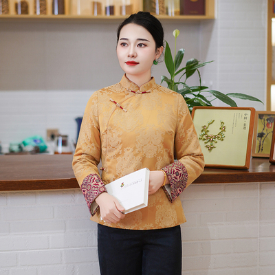 筠雅冬季新款中国风女装黄色上衣加厚保暖唐装旗袍棉衣棉服26J014