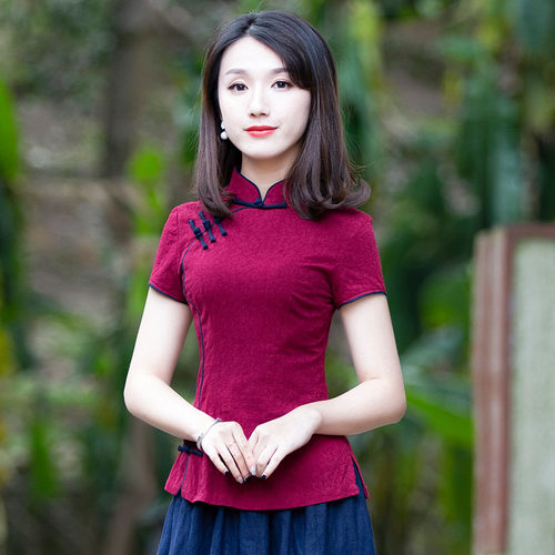 唐装夏装女旗袍上衣女夏红色复