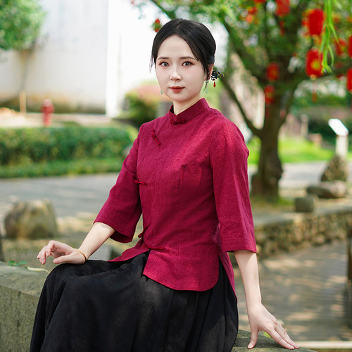 筠雅秋季新款复古改良中式唐装女中国风年轻款斜襟长袖上衣25J293