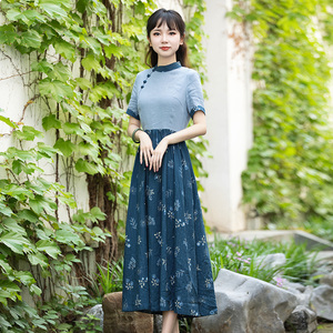 筠雅旗袍年轻款高端气质夏季女士连衣裙短袖收腰百褶气质显瘦裙子