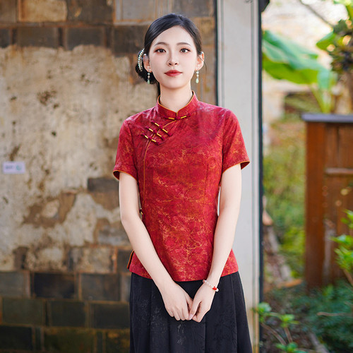 筠雅新中式国风红色上衣民国复古夏季新款改良唐装短袖女装26J407