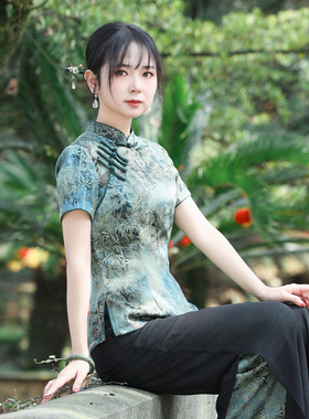 筠雅夏季新款简约清新旗袍式上衣唐装女改良版修身复古素衣24R530