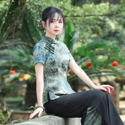 涤纶夏季新款简约复古唐装上衣