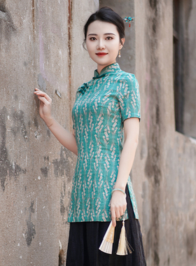 筠雅夏季新款简约清新旗袍式上衣唐装女改良版修身复古素衣24B040