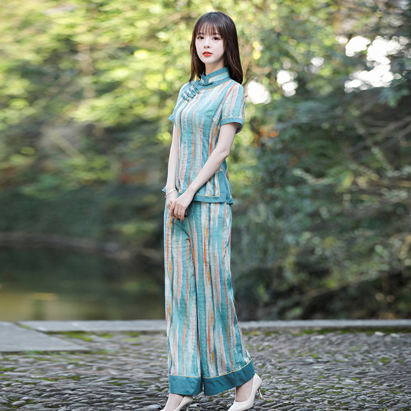 筠雅职业套装女休闲套装裤两件套夏棉麻阔腿裤小个子民族风女装