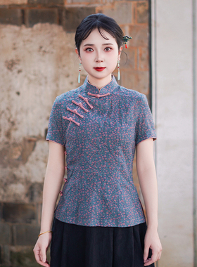 筠雅夏季新款国风盘扣唐装上衣女中式改良复古气质女士短袖25J122