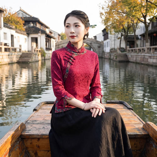 筠雅秋季新款复古改良中式唐装女装中国风年轻款斜襟上衣24J065