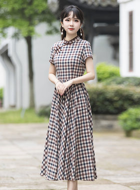 格子连衣裙女夏季收腰显瘦