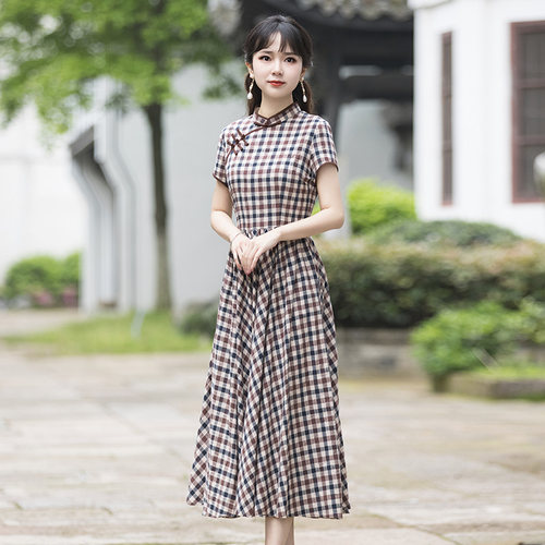 格子连衣裙女夏季收腰显瘦