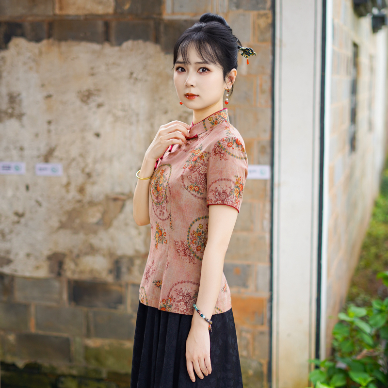 筠雅夏季新款新中式国风上衣民国复古唐装显瘦减龄女装短袖25J221