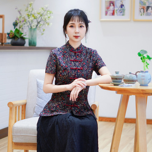 筠雅夏季新款中国风古典唐装上衣女修身显瘦夏日新中式穿搭24J203