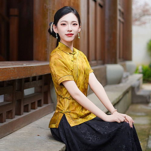 筠雅新中式国风上衣夏季新款修身民国复古唐装女装斜襟短袖26J405