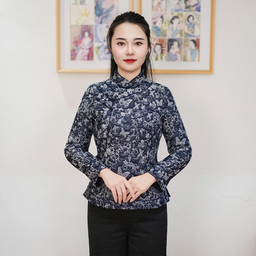 筠雅冬季新款中国风加厚斜襟复古改良中式唐装长袖女装上衣26Y003