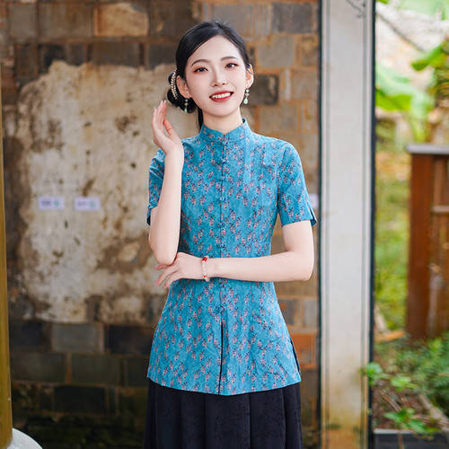 筠雅夏季新款复古改良中式唐装中国风修身年轻款短袖上衣女26J415