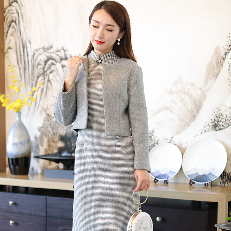 旗袍冬款加厚套装裙两件套羊毛呢时尚高档气质民国风中式减龄女装