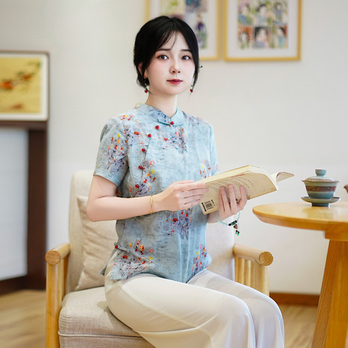 筠雅夏季新款透气质盘扣国风改良新中式民国短袖唐装上衣女26J421
