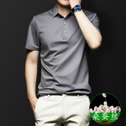{含桑蚕丝}高端翻领polo衫男夏季商务休闲大码体恤有领短袖衬衫领