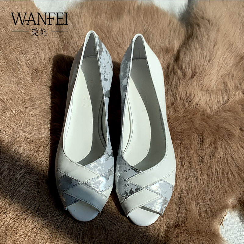 莞妃 羊皮鱼嘴凉鞋女高跟真皮单鞋2021新款夏季5CM中跟细跟浅口鞋|msdalam kategori Kasut wanita, kasut rendah - dari Buy2taobao.com untuk memberikan perkhidmatan ejen Taobao profesional membeli