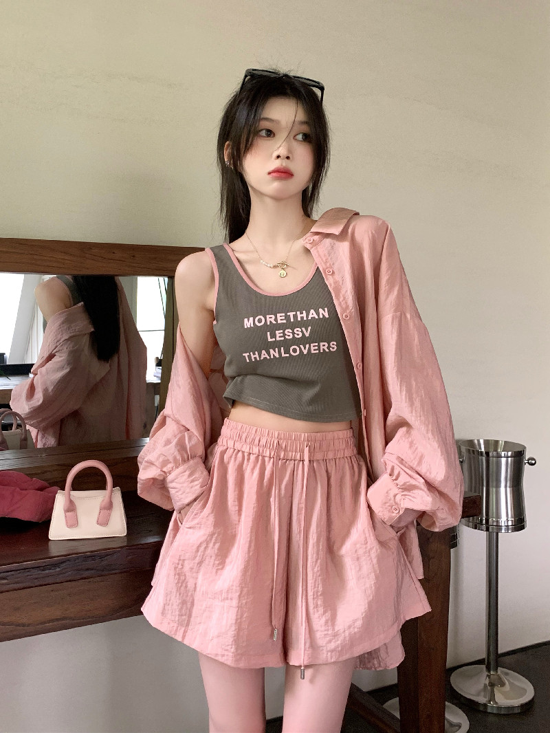 스포츠 캐주얼 와이드 레그 반바지 긴팔 셔츠 여성 여름 정장 2024 새로운 캐미솔 3 피스 세트