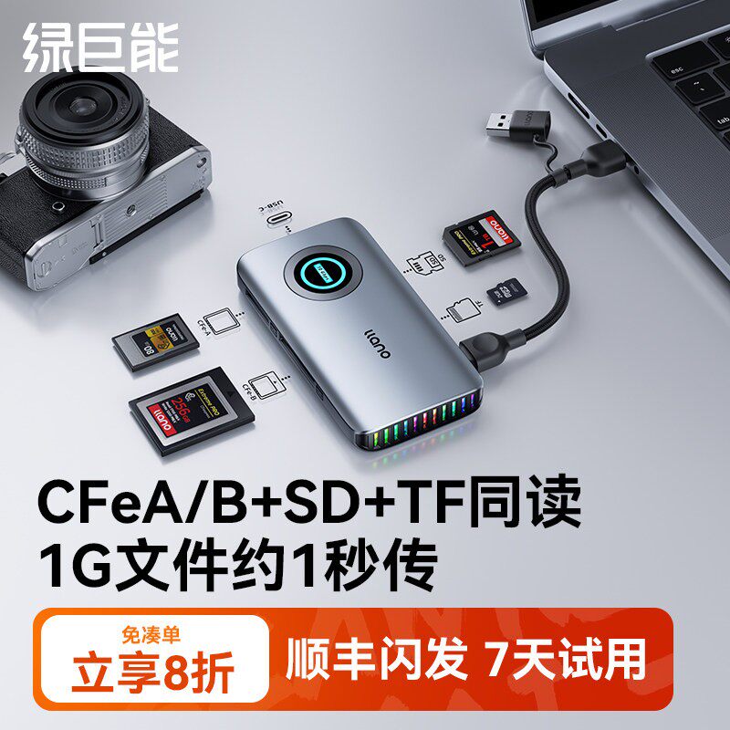 绿巨能cfb卡cfa高速读卡器多功能CFexpress内存储卡SD卡TF通用连接typec手机适用苹果17索尼佳能相机多合一
