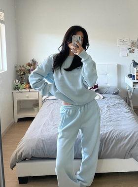 高级感春秋冬加绒加厚卫衣套装女休闲时尚蓝色欧货运动小香风两件