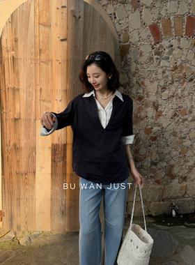 BUWANJUST【秩序美学】高定满分麻翻领拼接假两件七分袖衬衫B2795
