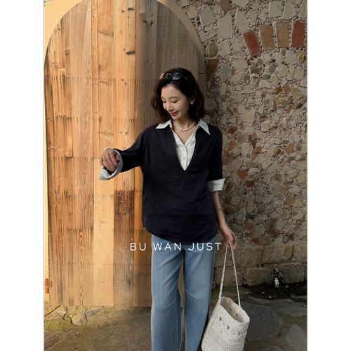 BUWANJUST【秩序美学】高定满分麻翻领拼接假两件七分袖衬衫B2795