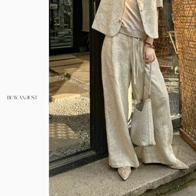 BUWANJUST【秀场裤】满分亚麻肌理感腰部抽绳可调节阔腿裤 B1329