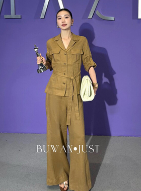 BUWANJUST【红人之夜】高定老钱翻领系带收腰七分袖亚麻套装BW074