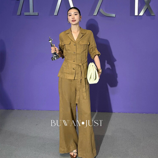 BUWANJUST【红人之夜】高定老钱翻领系带收腰七分袖亚麻套装BW074