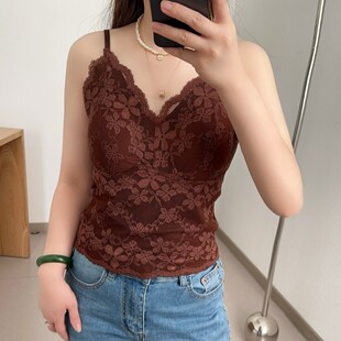森色系2558时尚 性感蕾丝花边V领背心纯欲舒适固定杯暖绒磨毛吊带